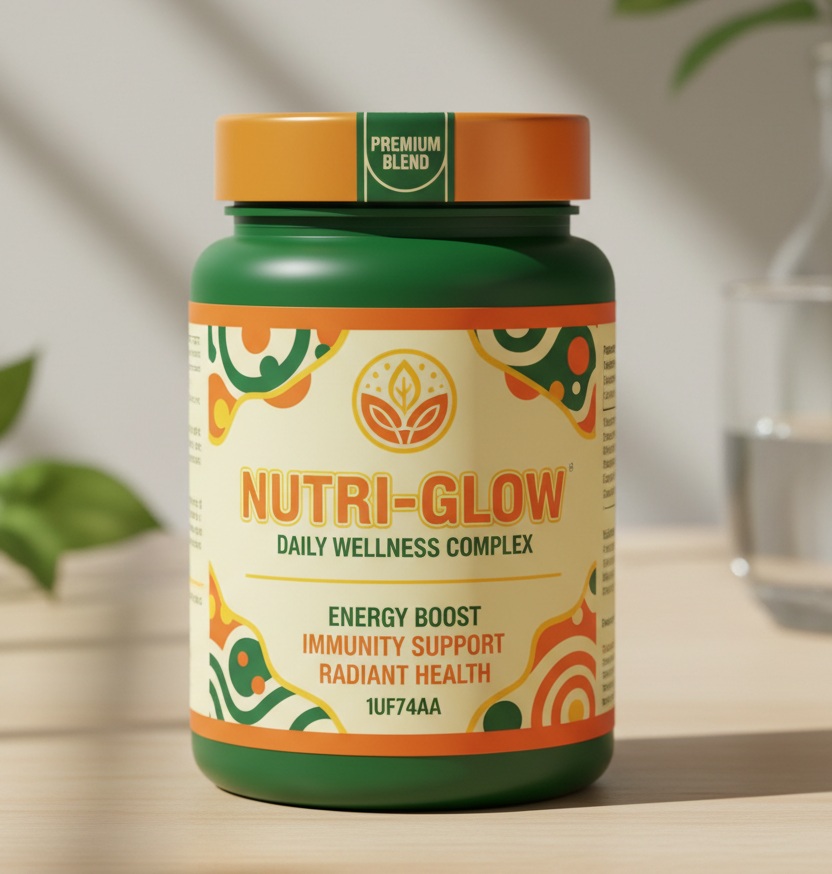 Nutri-Glow plant-based daily formula pack on a clean minimal background